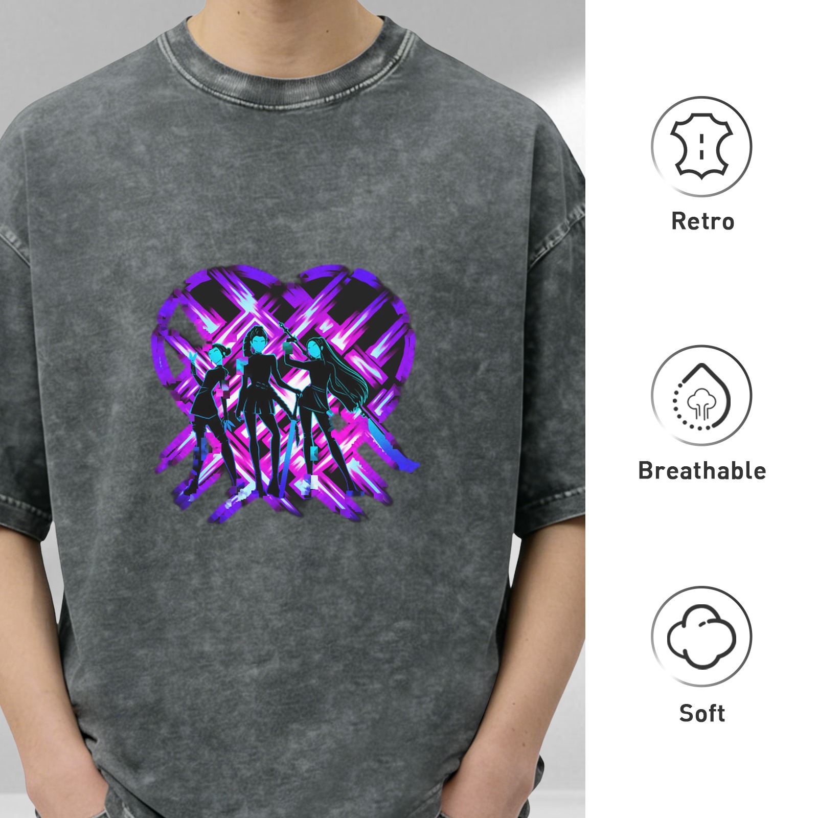 Washed Black T-Shirt with Neon Purple Heart and Three Stylized Figures Graphic