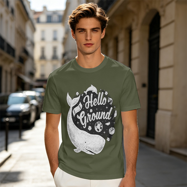 Olive T-Shirt with Whale and Hello Ground Space Art Print