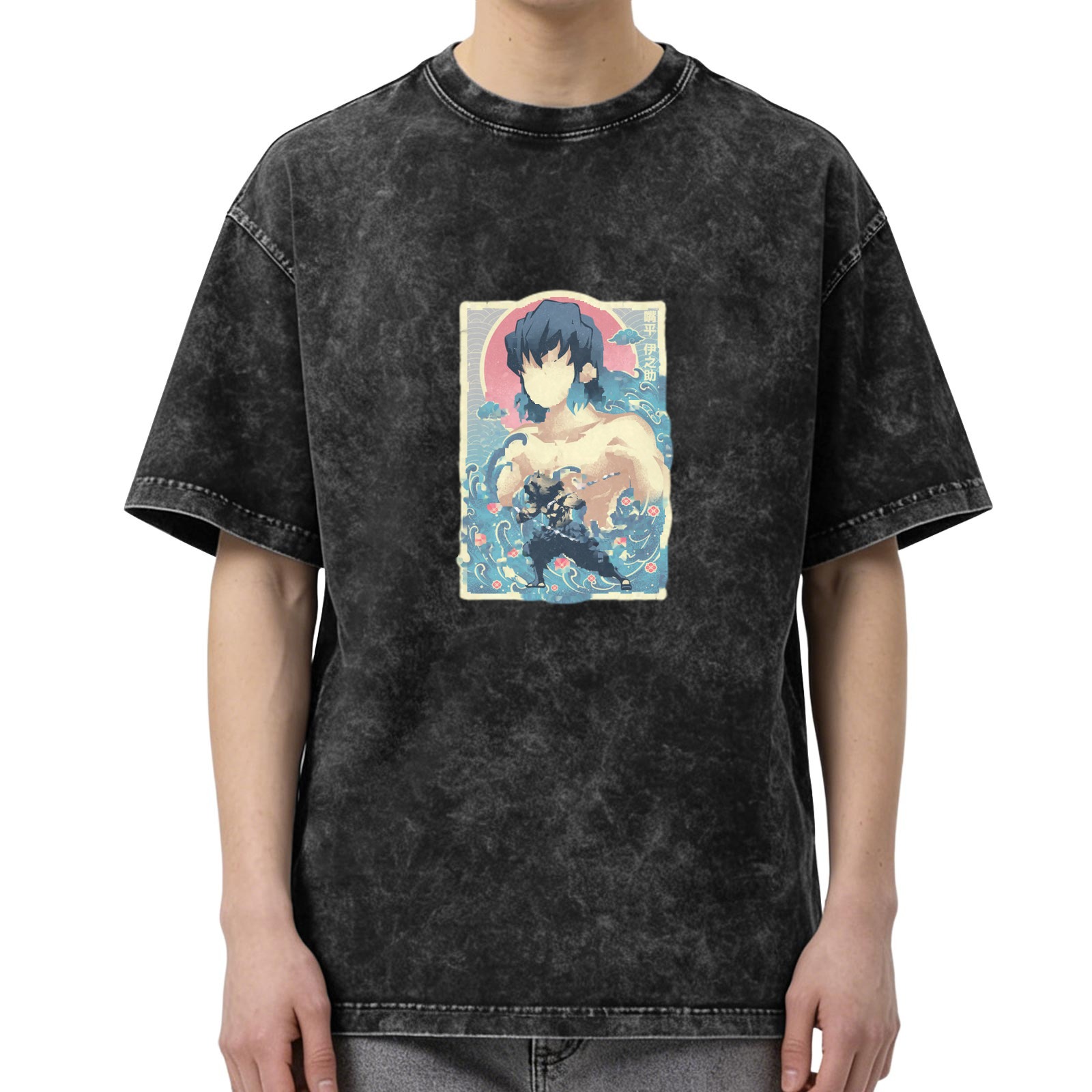 Oversized Acid Wash T-Shirt with Demon Slayer Inosuke Anime Graphic