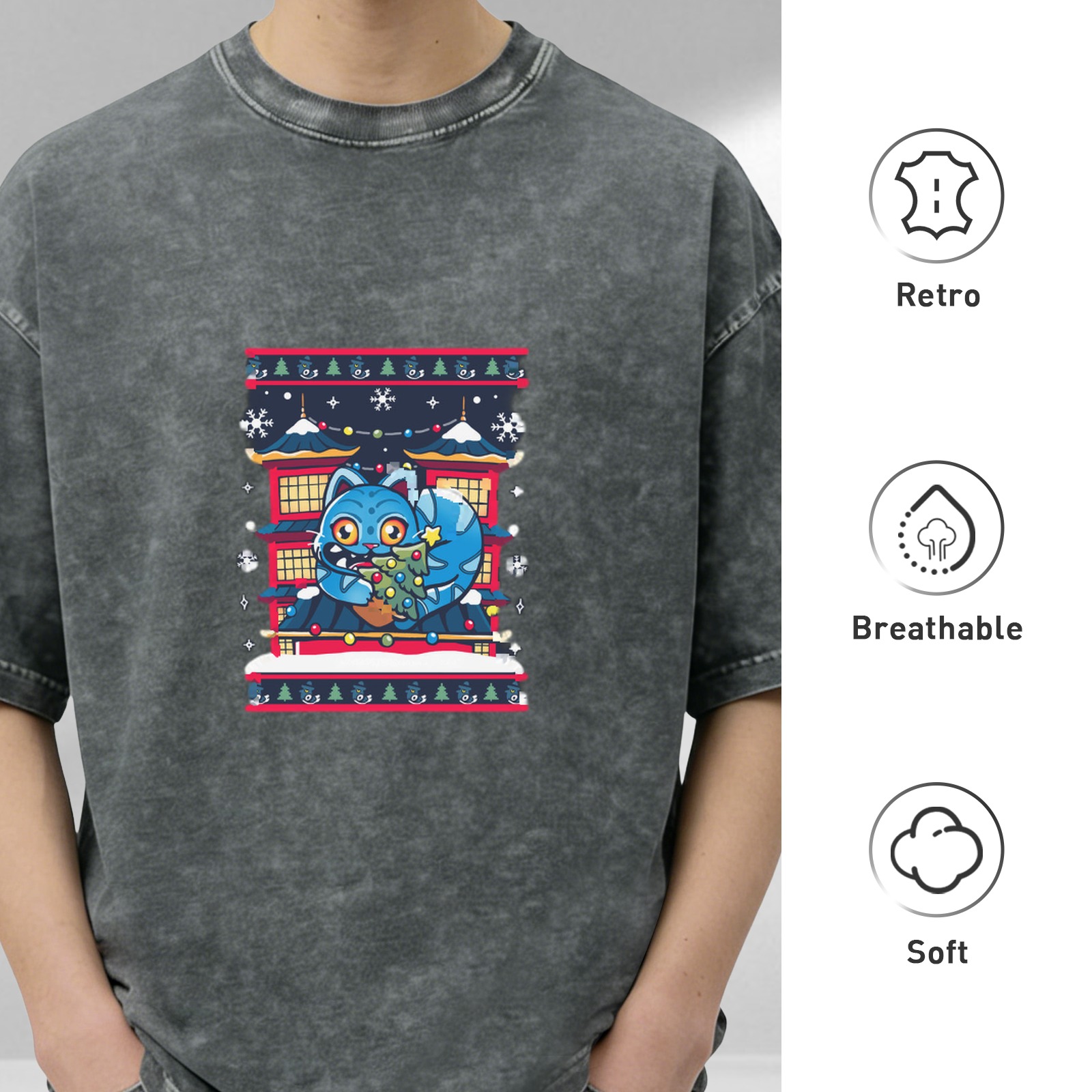 Oversized Dark Wash T-Shirt With Blue Cat Christmas Japanese Graphic