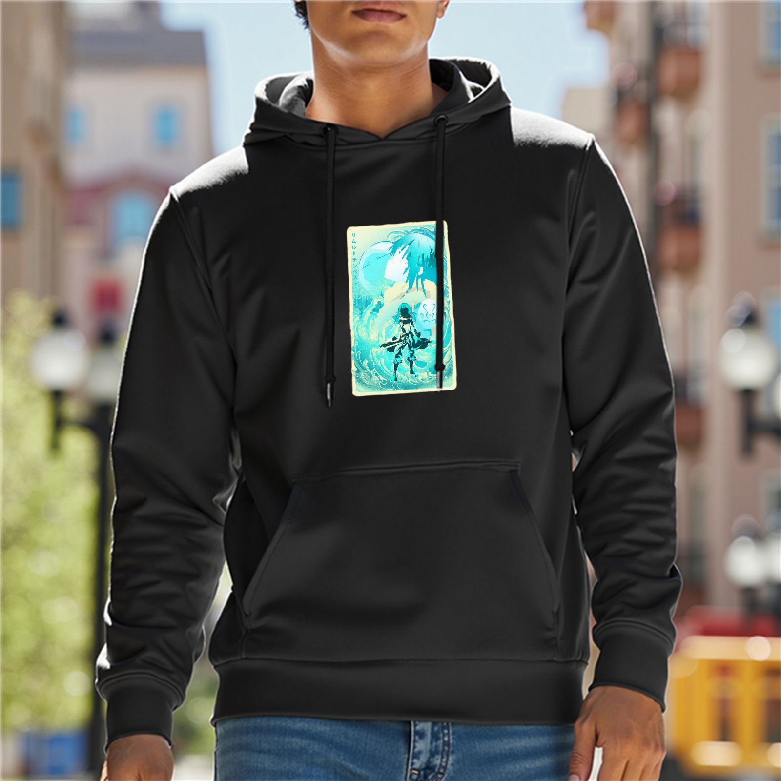 Black Hoodie With Turquoise Anime Character Graphic Print