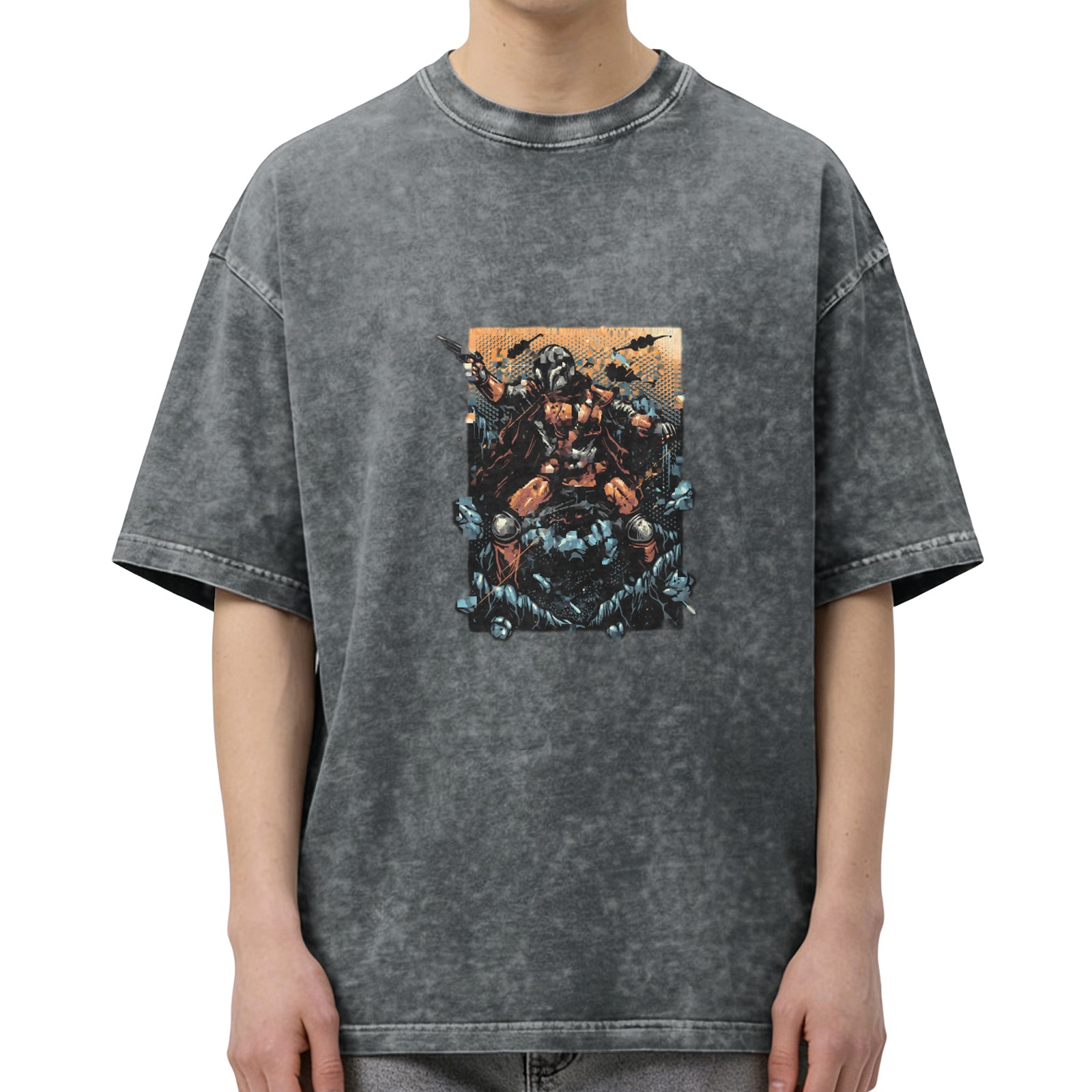Washed Black T-Shirt With Warrior In Armor Graphic Print