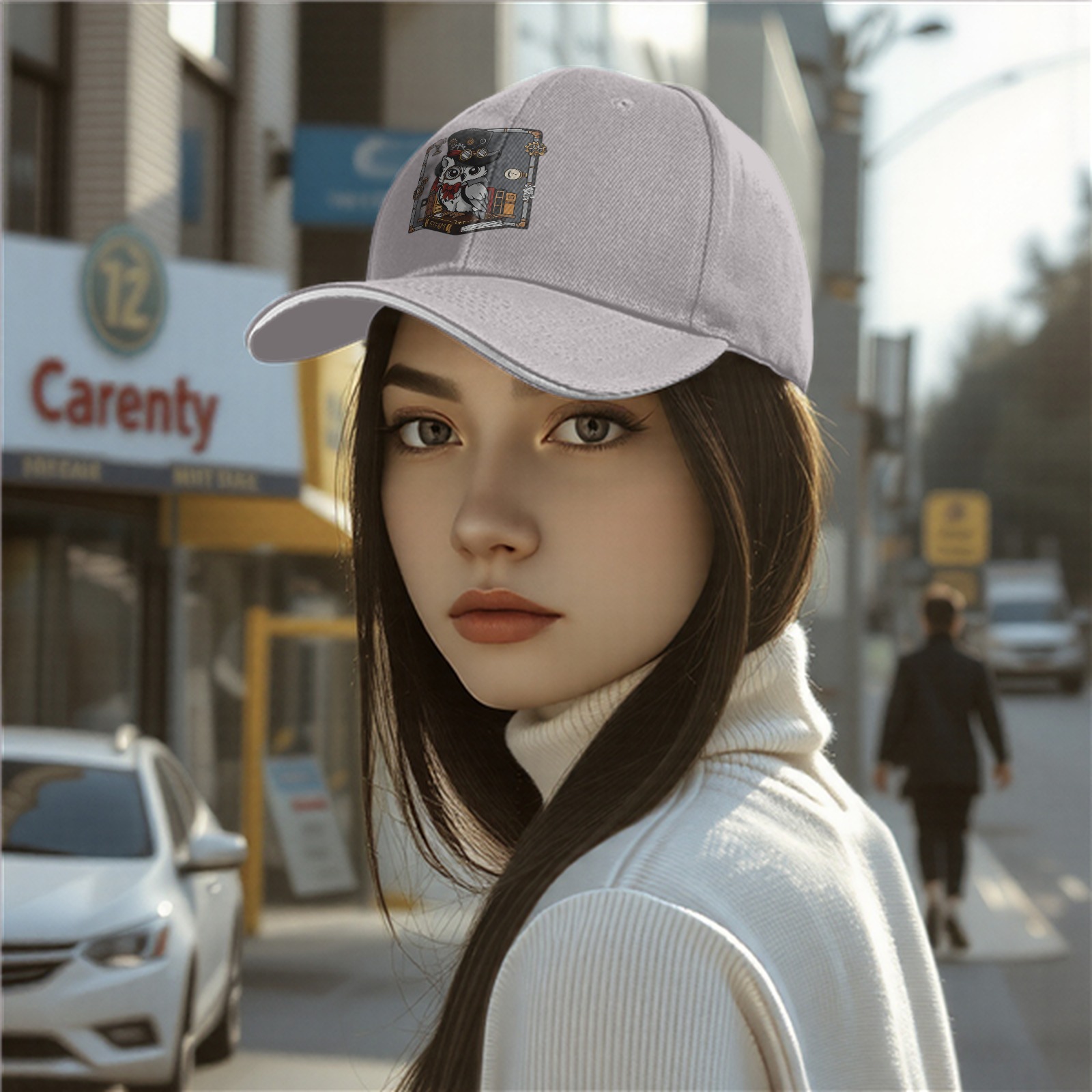Black Baseball Cap With Steampunk Owl Graphic Design