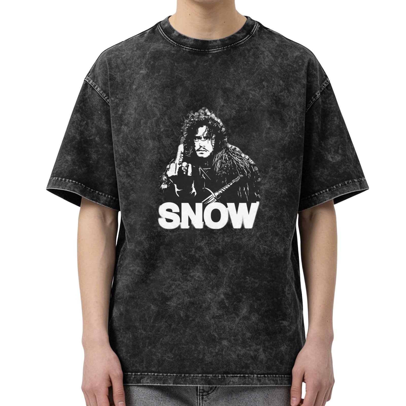 Oversized Stonewashed T-Shirt with Jon Snow Graphic Print