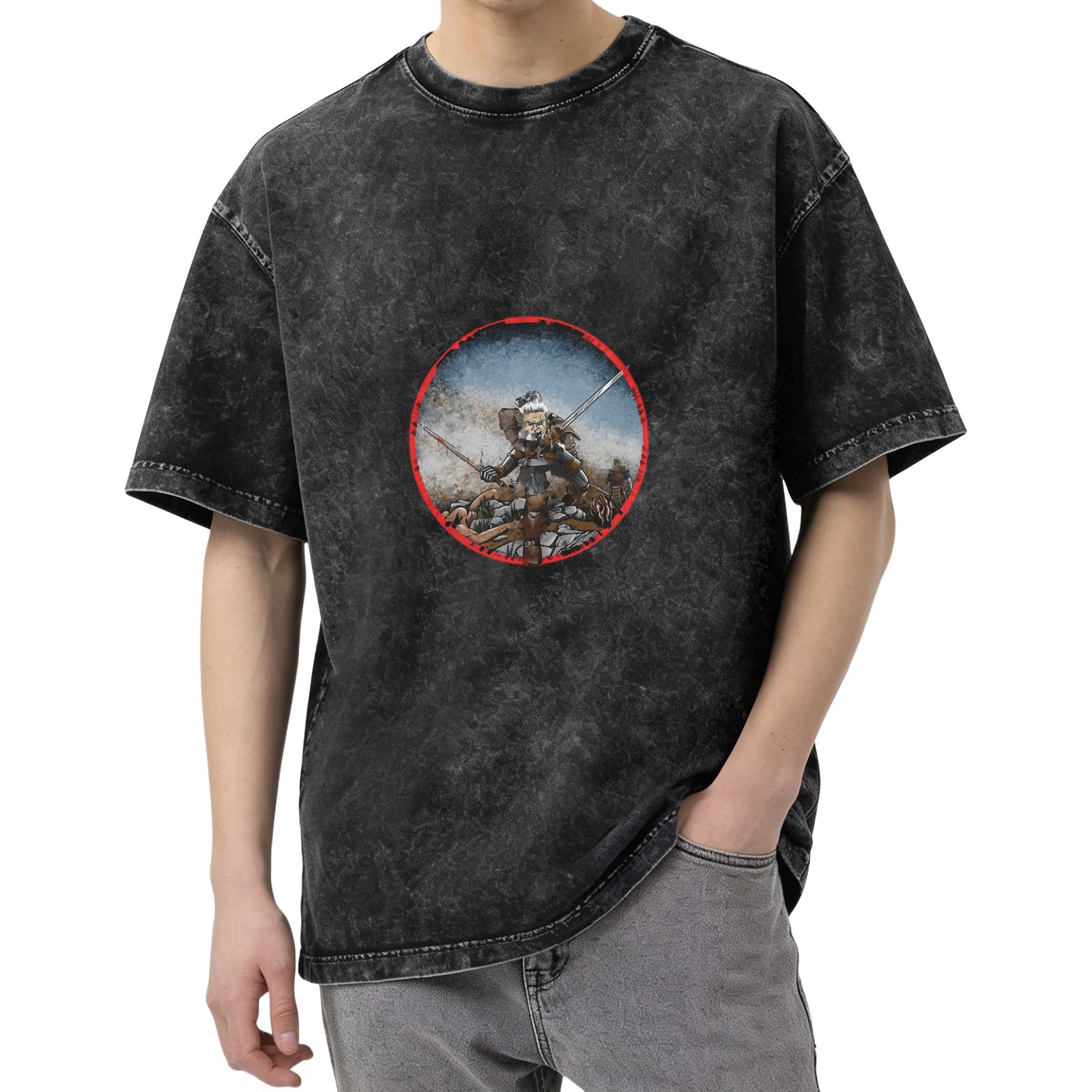 Oversized dark washed t-shirt with warrior in red circle graphic