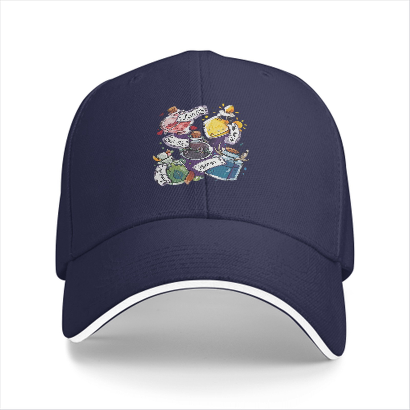 Black baseball cap with magical potion bottle graphic design