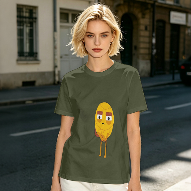 Olive T-Shirt With Sad Yellow Cartoon Character Print