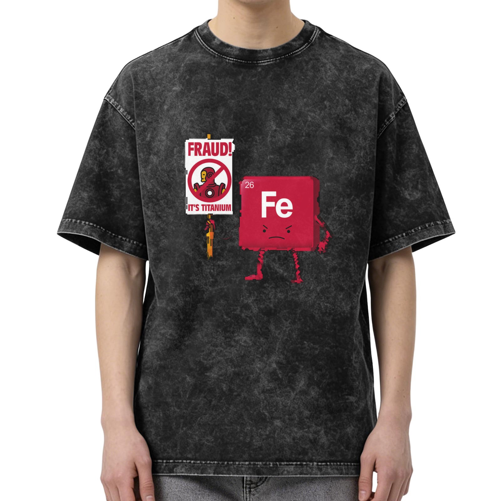 Oversized Acid Wash T-Shirt with Funny Iron Man Titanium vs Iron Element Graphic