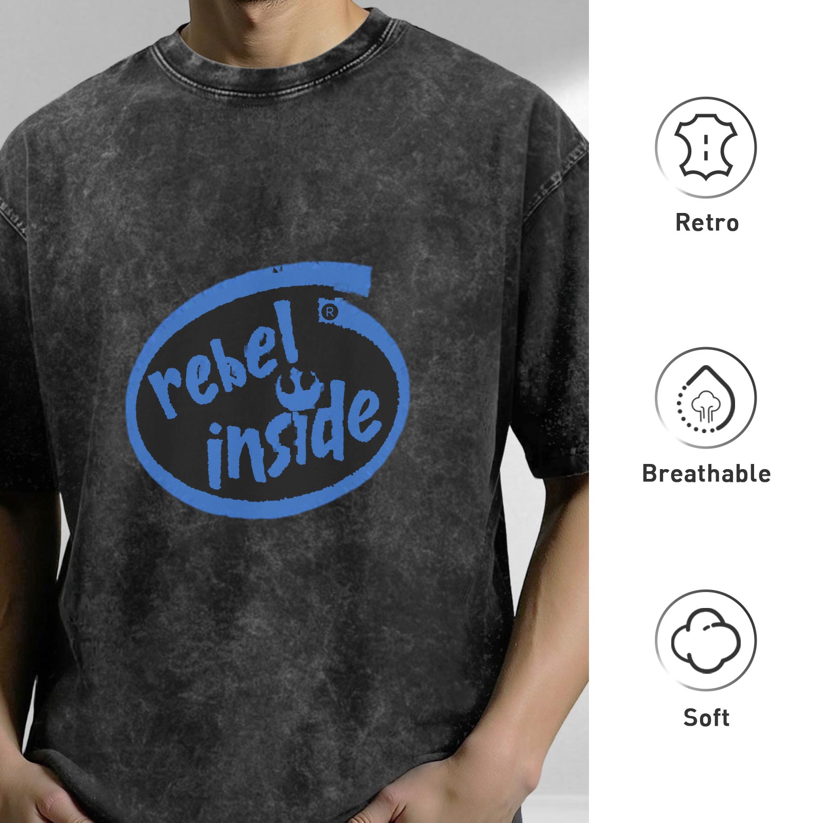 Washed Black Graphic T-Shirt With Rebel Inside Print