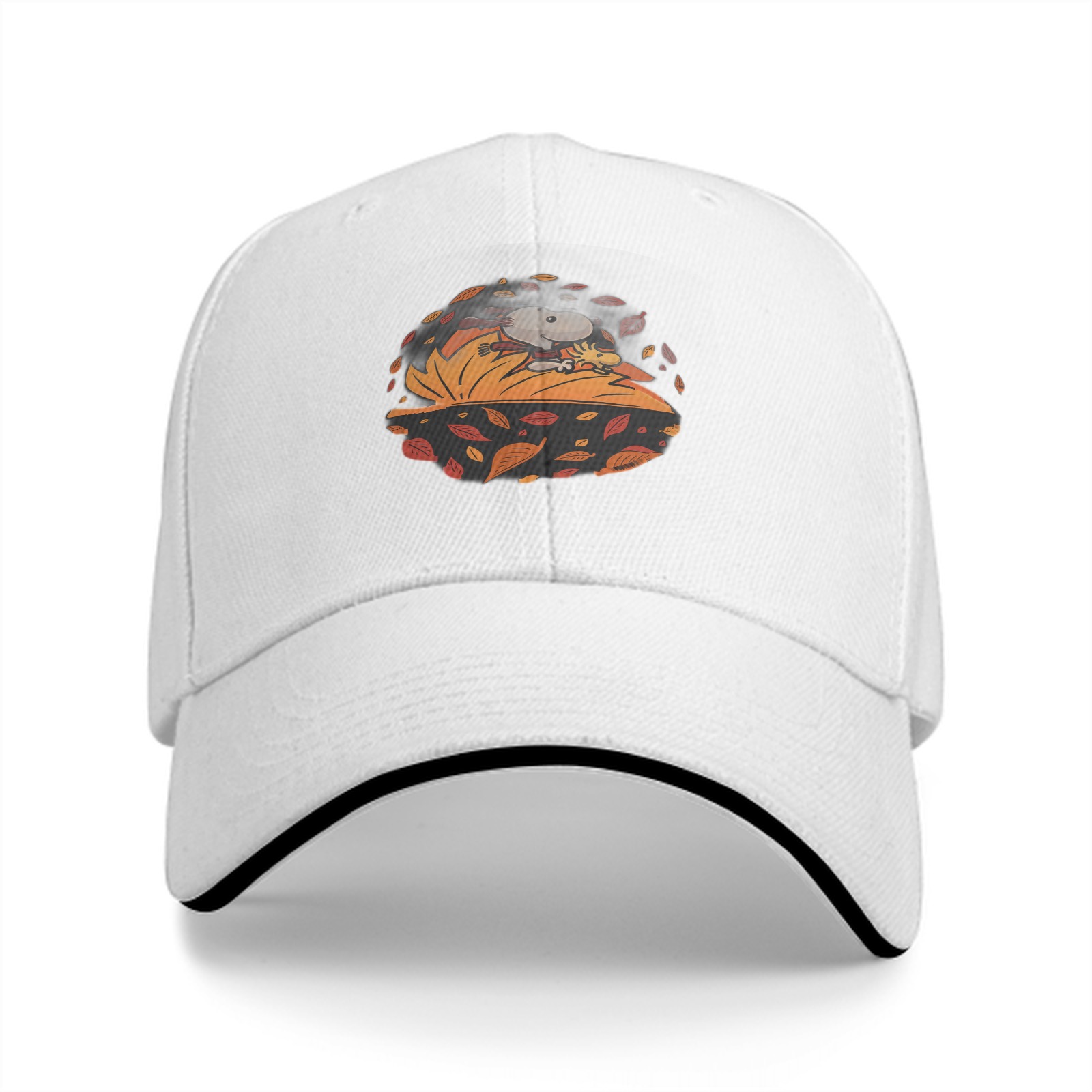 Black baseball cap with autumn leaf and character graphic