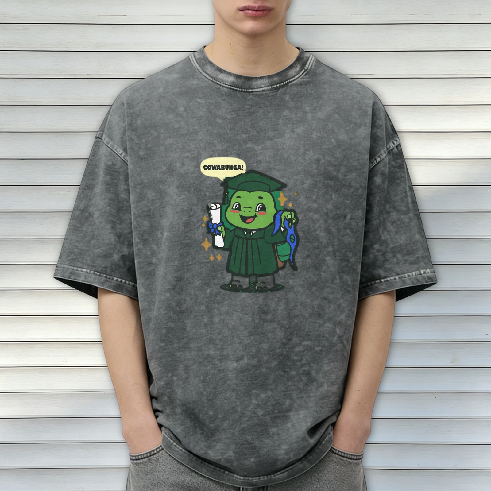 Washed Black T-Shirt with Graduation Turtle Cowabunga Print