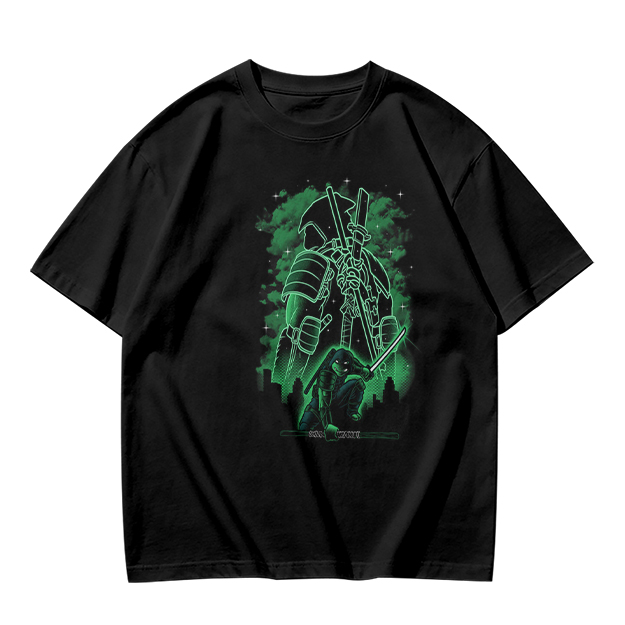 Olive Green T-Shirt With Neon Samurai Warrior Graphic