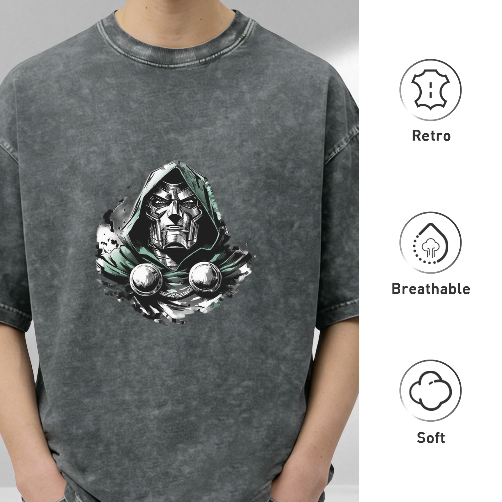 oversized acid wash t-shirt with doctor doom graphic print