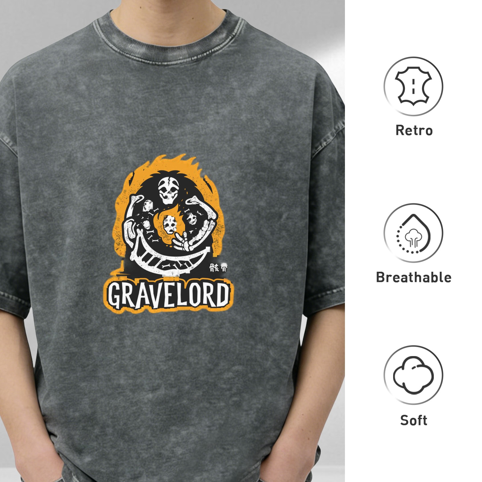 Washed Black Oversized T-Shirt With Gravelord Skeleton Graphic