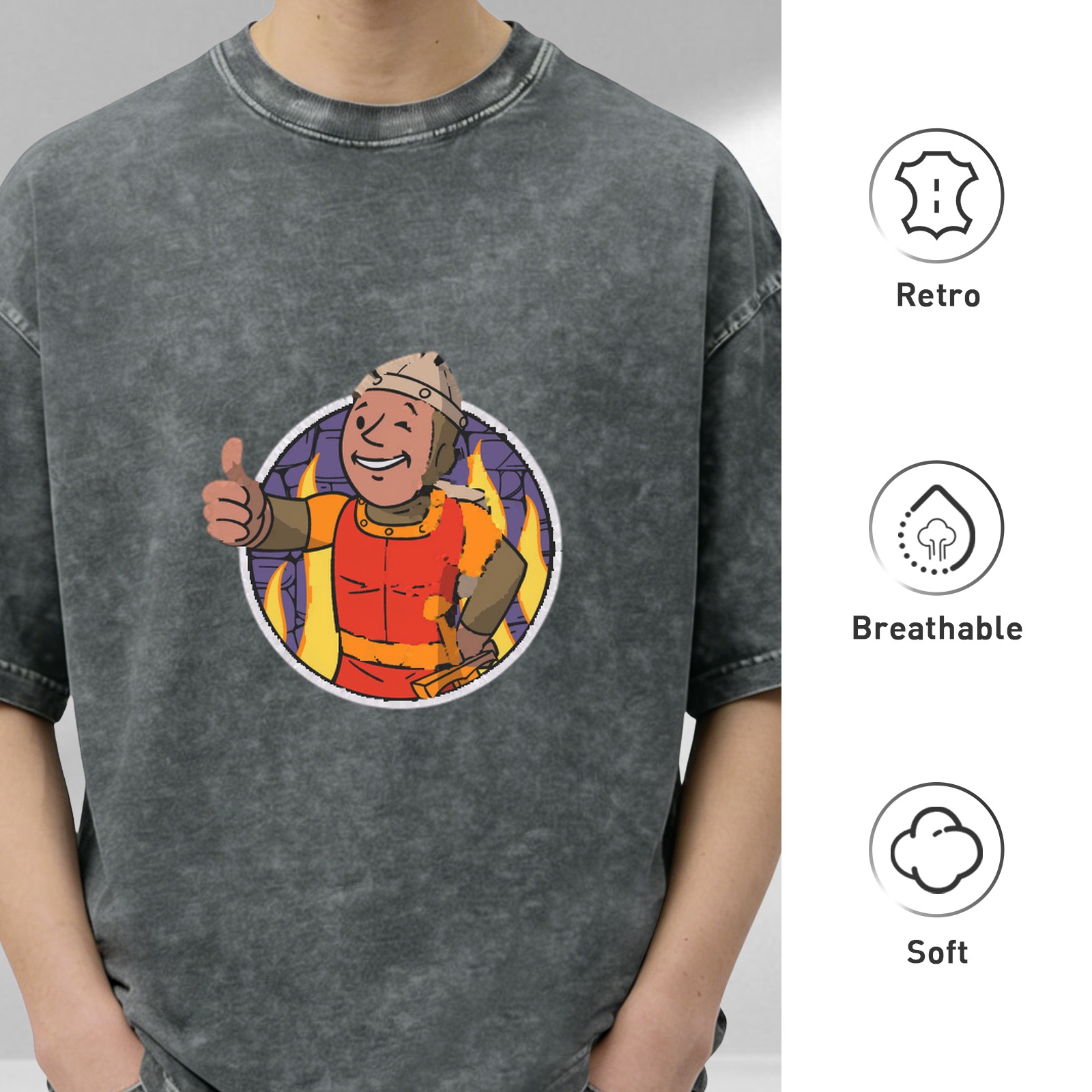 acid wash black t-shirt with cartoon fireman giving thumbs up graphic