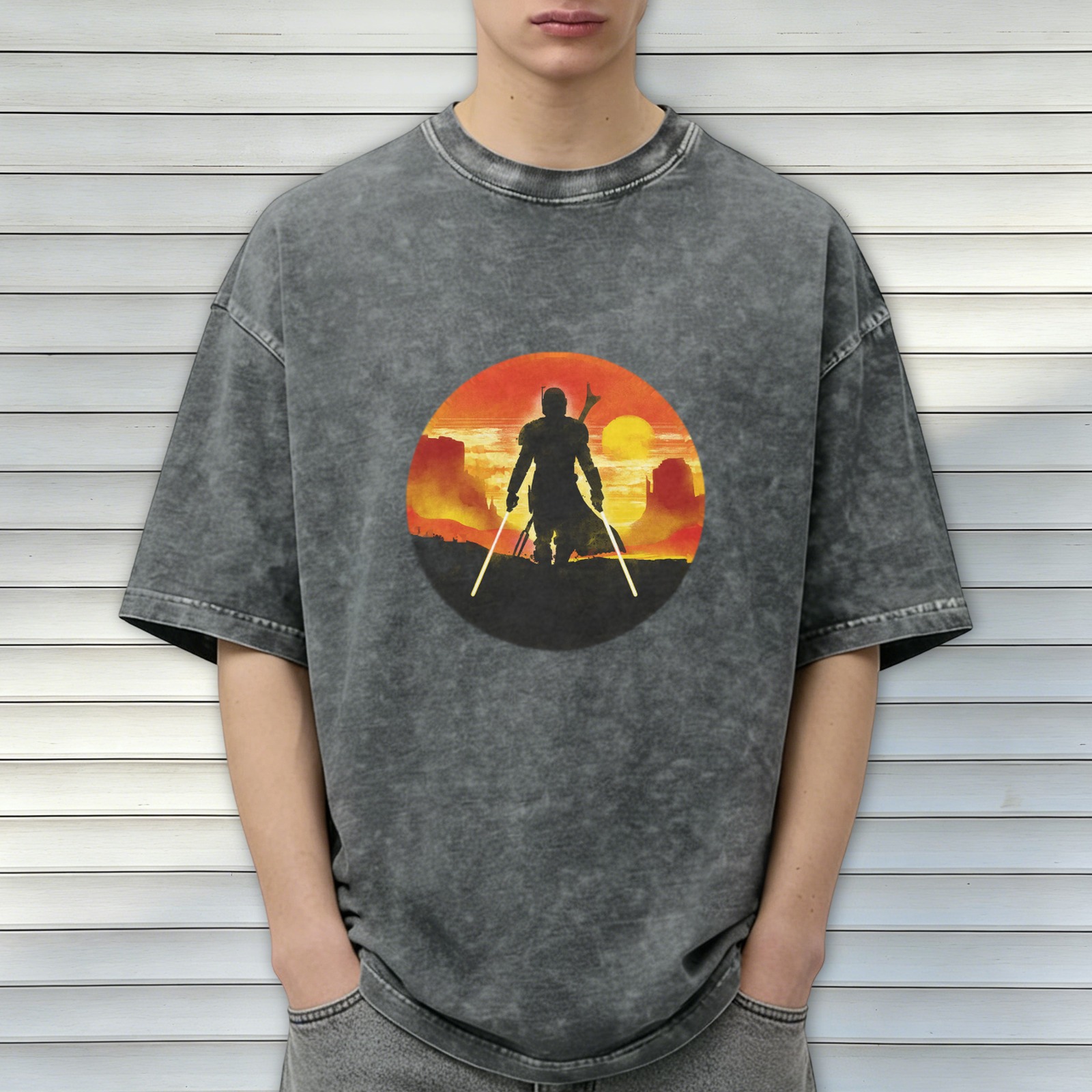 Washed Black T-Shirt with Mandalorian Sunset Silhouette Print