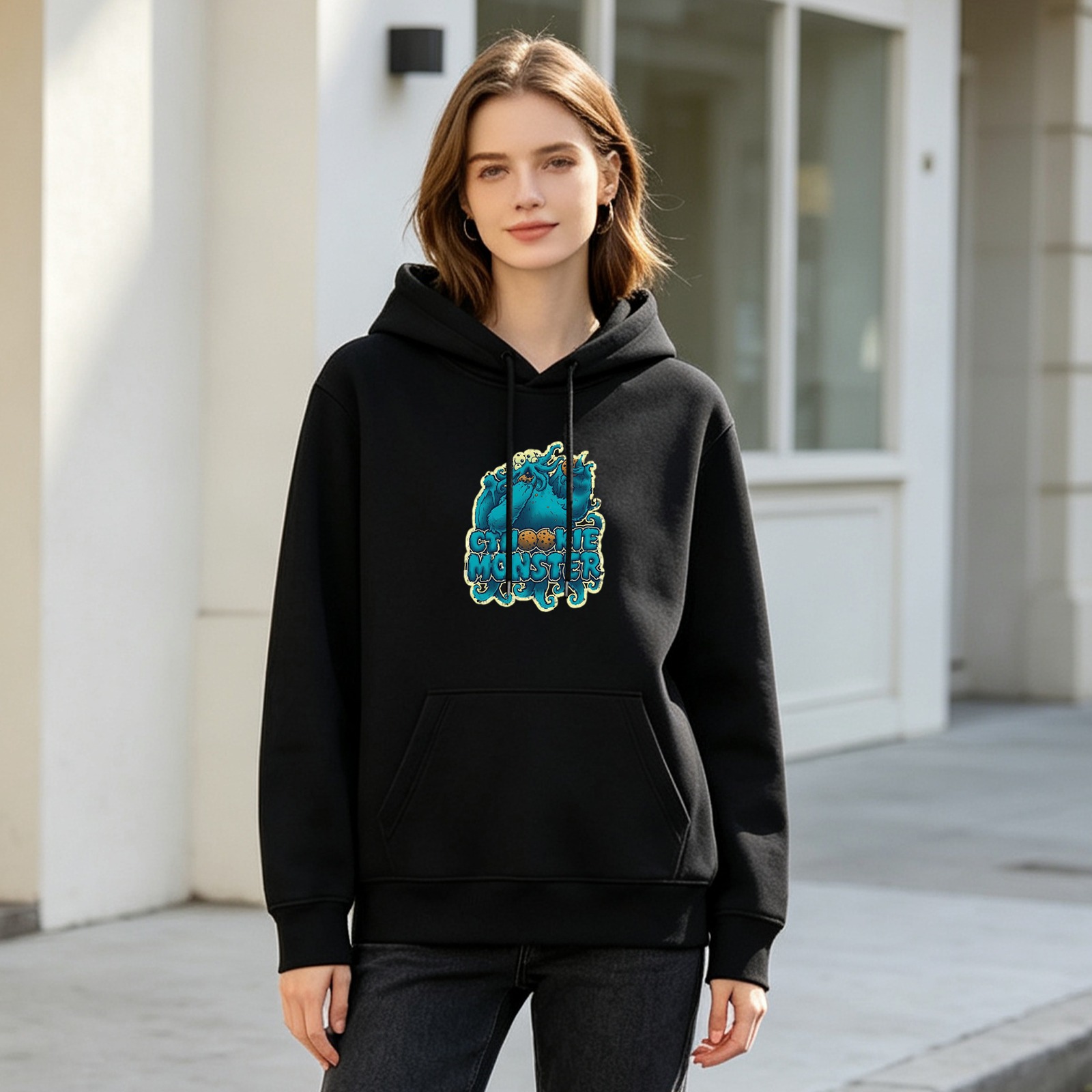 Black hoodie with Cookie Monster graphic print