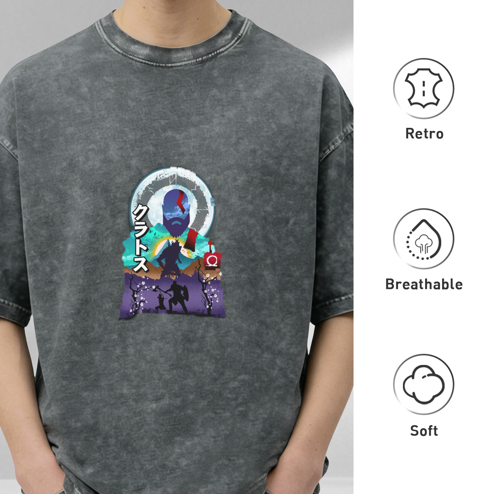 Oversized Dark Wash Graphic Tee With Norse Warrior Artwork