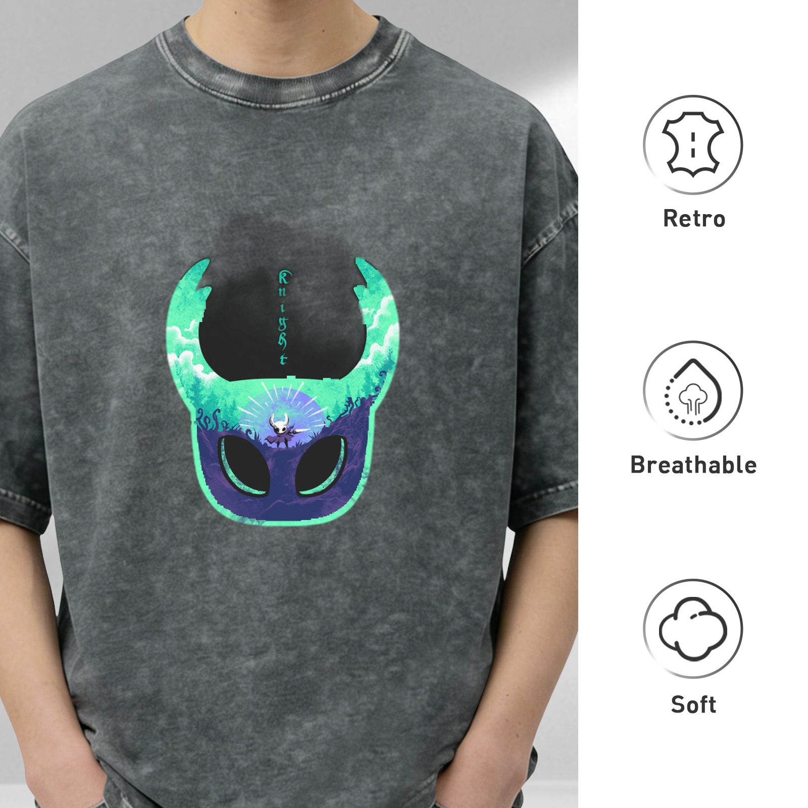 Oversized Dark Wash T-Shirt With Hollow Knight Mask Art Print