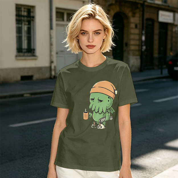 Olive T-Shirt With Sleepy Cthulhu Holding Coffee And Phone