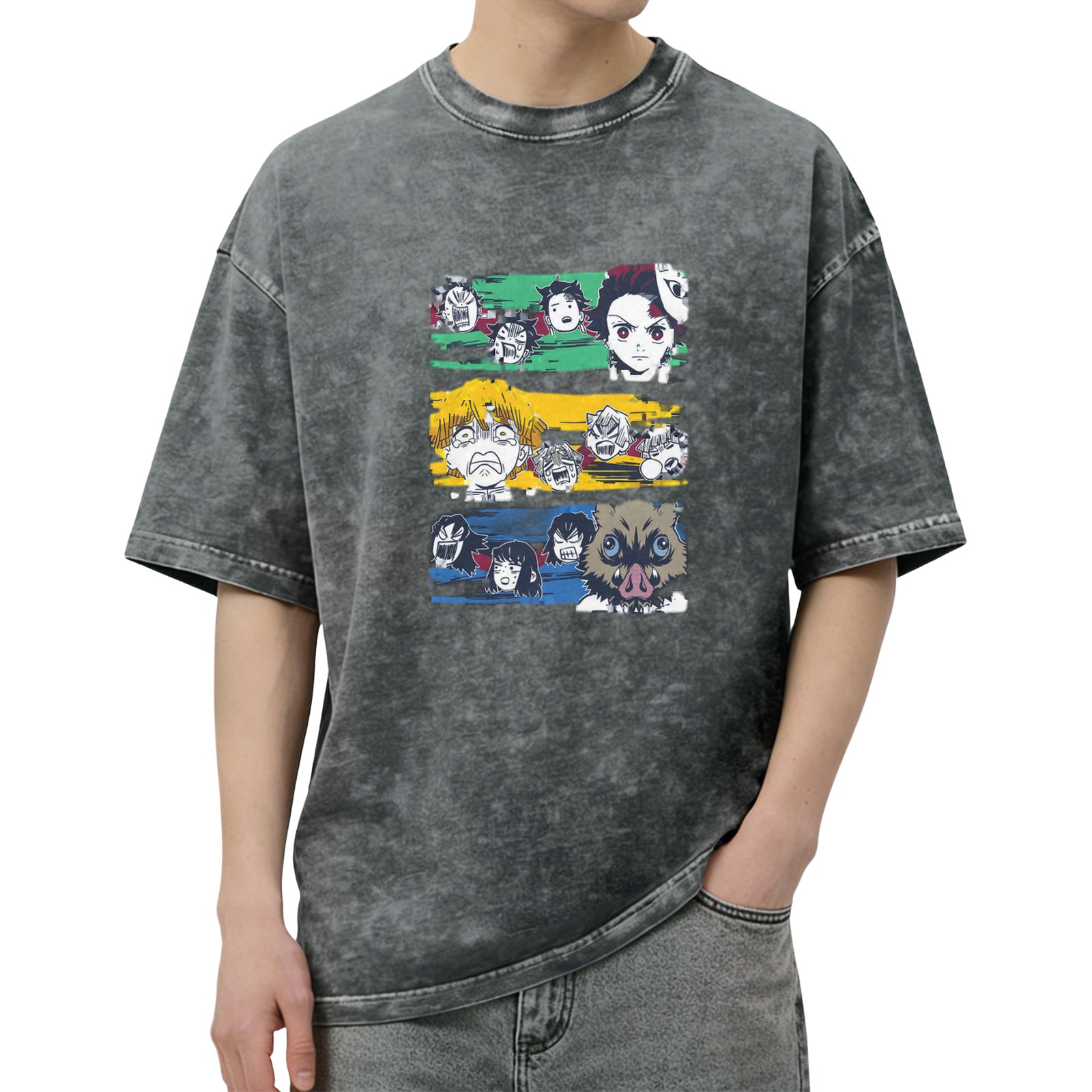 Demon Slayer Anime Character Graphic Oversized Stone Wash T-Shirt