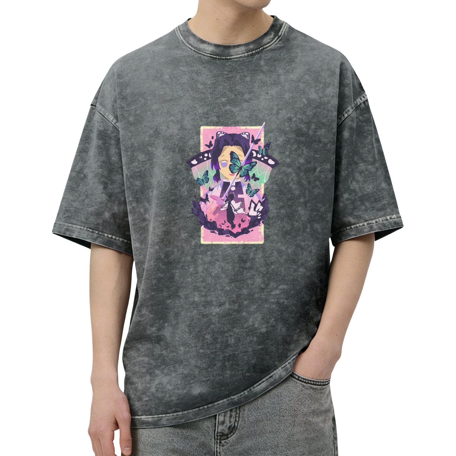 Demon Slayer: Kimetsu no Yaiba Butterfly Ninja themed distressed washed black short-sleeved T-shirt