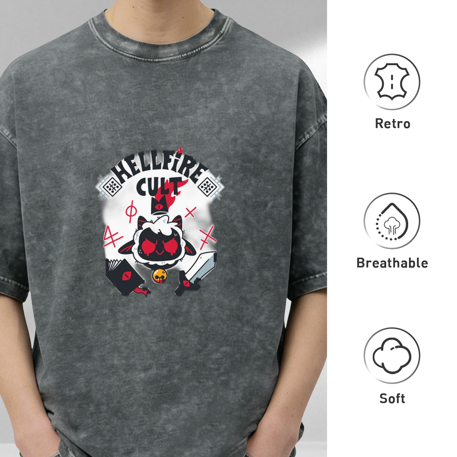 Distressed black HELLFIRE CULT cartoon lamb print loose short-sleeved T-shirt