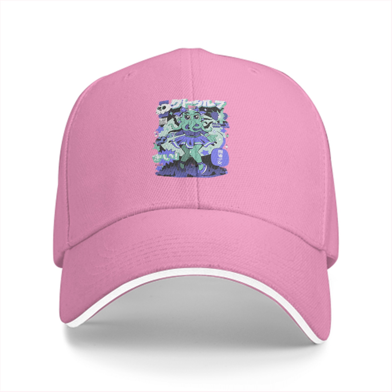 Black Baseball Cap With Anime Octopus Girl Graphic Print