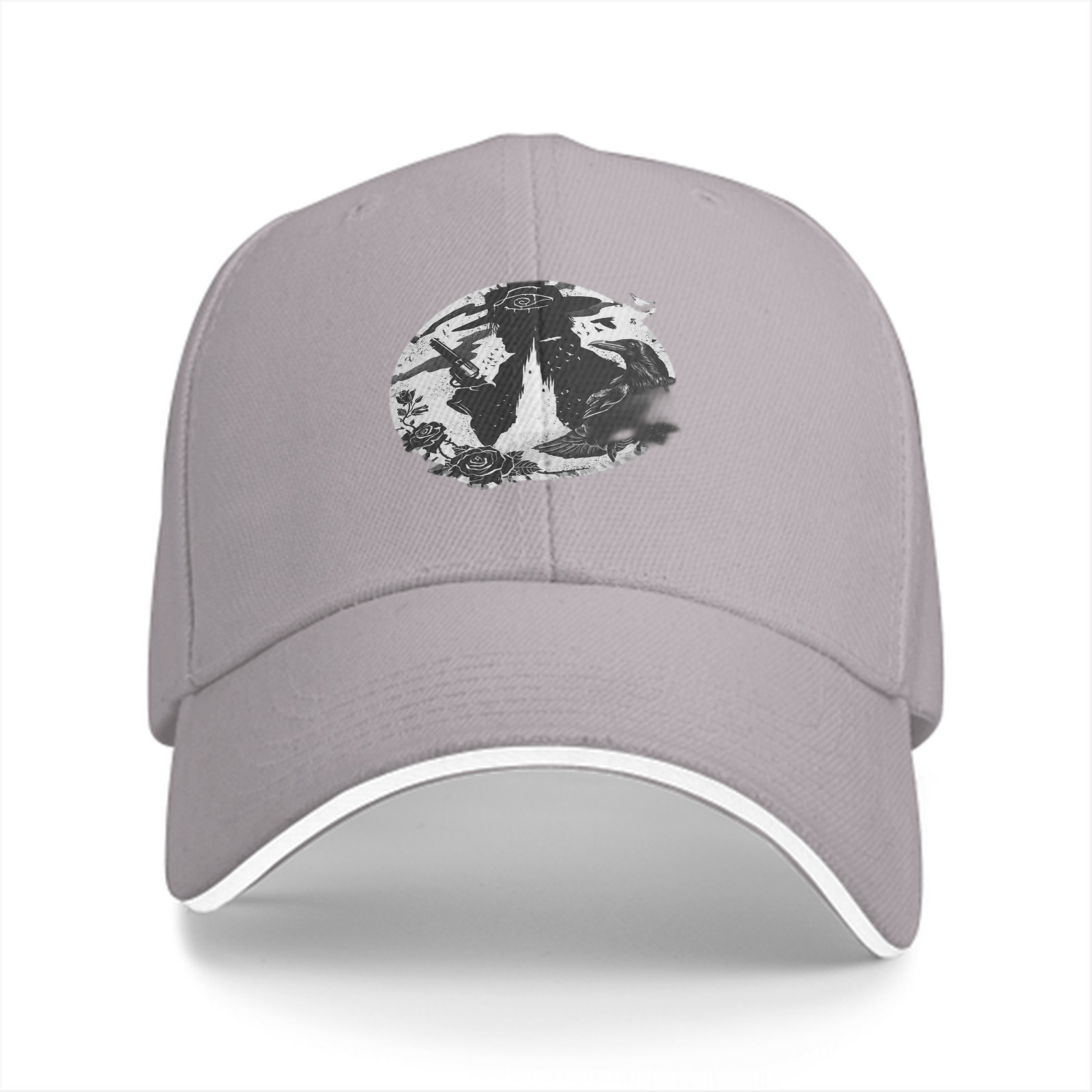 Black Baseball Cap With Gothic Silhouette And Rose Graphic