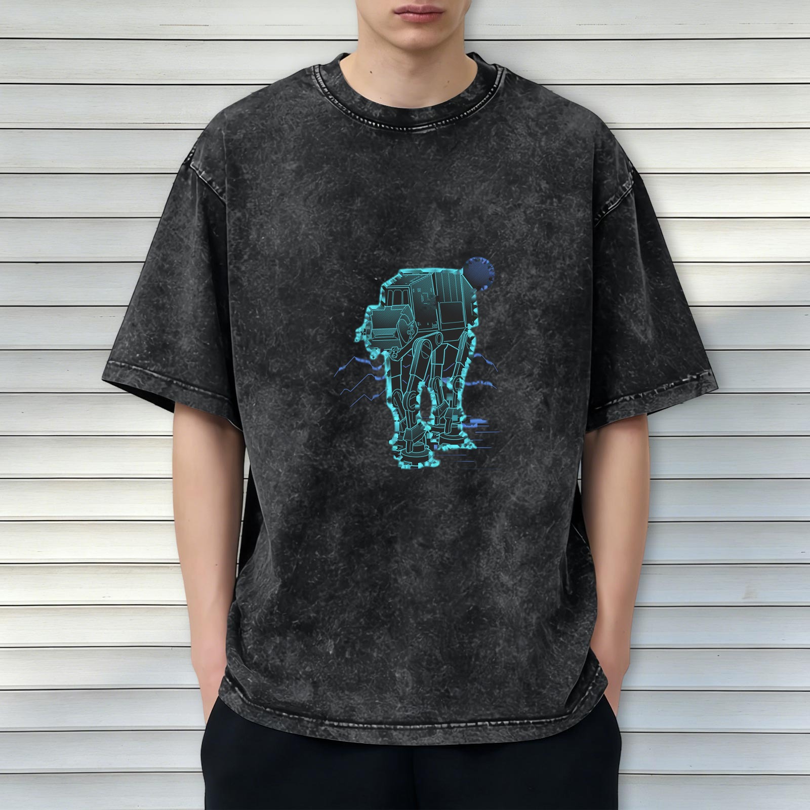 Washed Black T-Shirt with Neon Star Wars AT-AT Walker Graphic