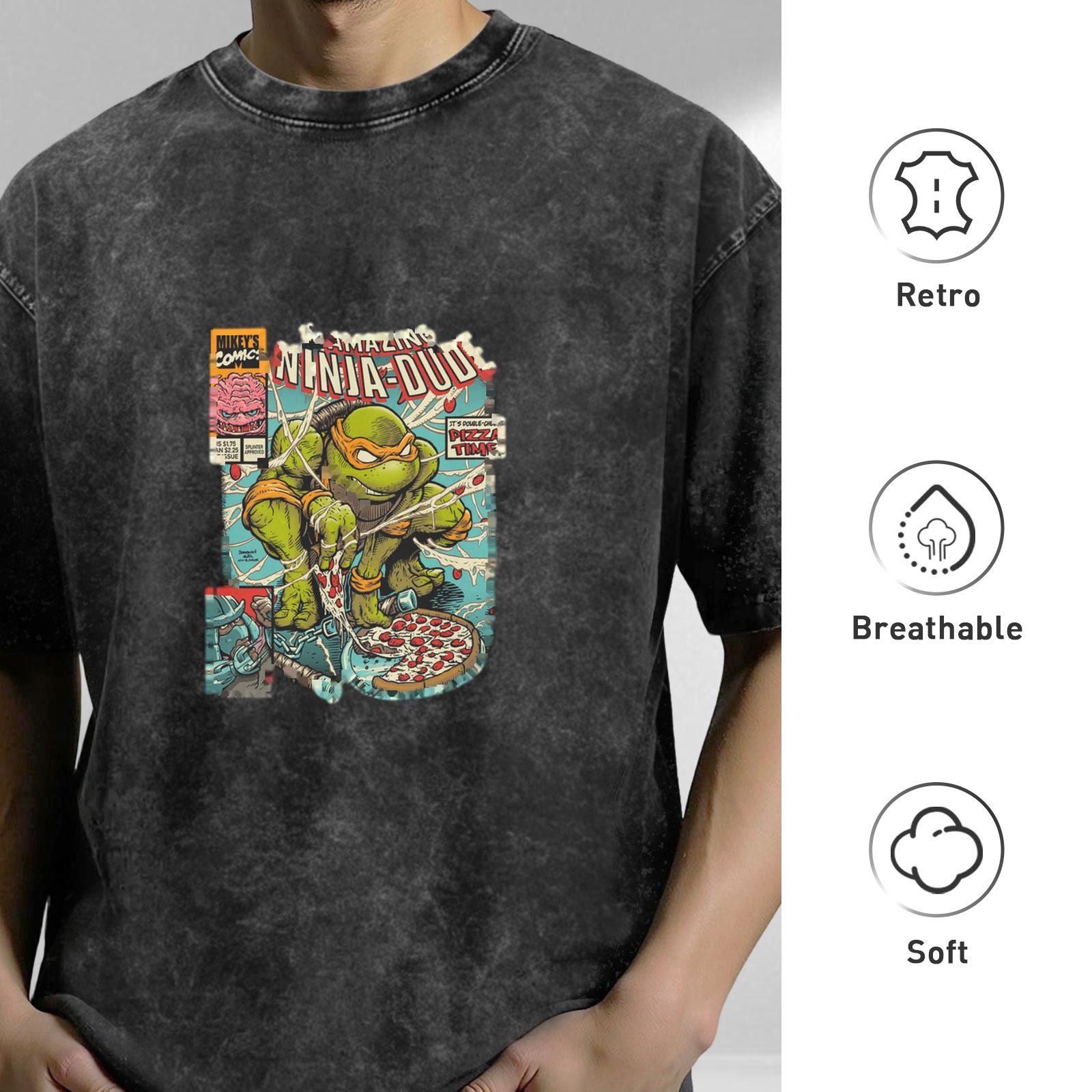 Vintage Wash Teenage Mutant Ninja Turtles 'The Amazing Ninja Dude' Graphic T-Shirt, Retro Comic Style Oversized Tee