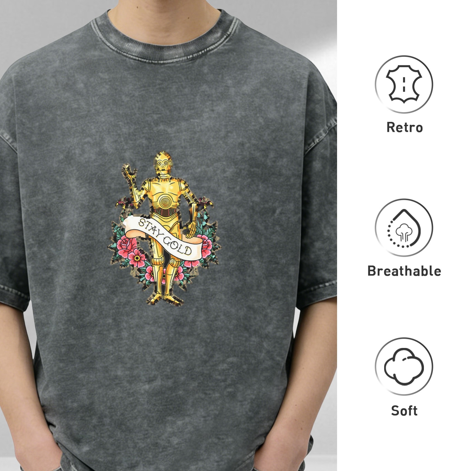 Washed Black T-Shirt with C-3PO Stay Gold Floral Print