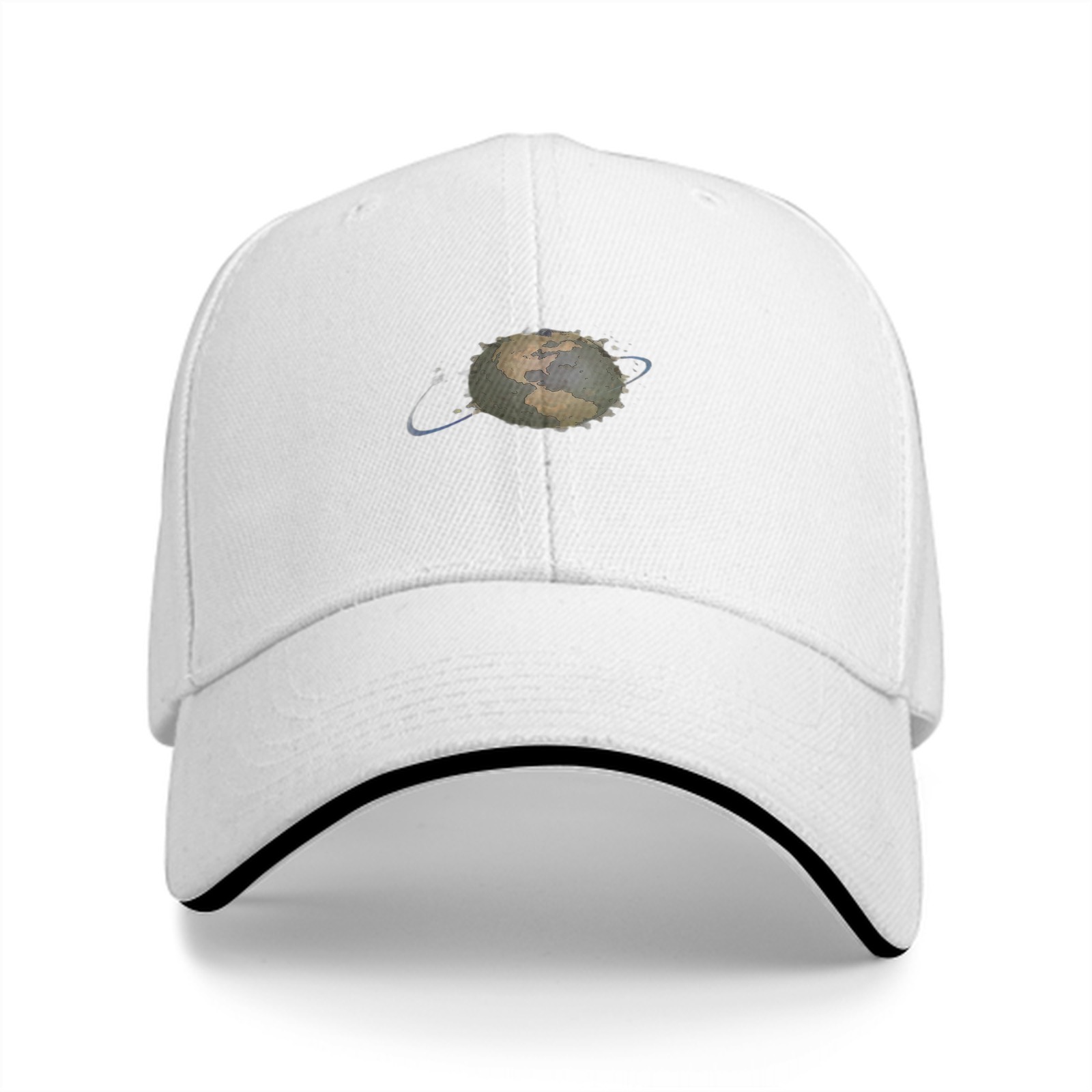 Black baseball cap with stylized Earth graphic print