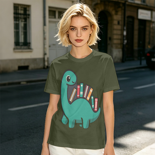 Olive T-shirt with cute dinosaur carrying books graphic