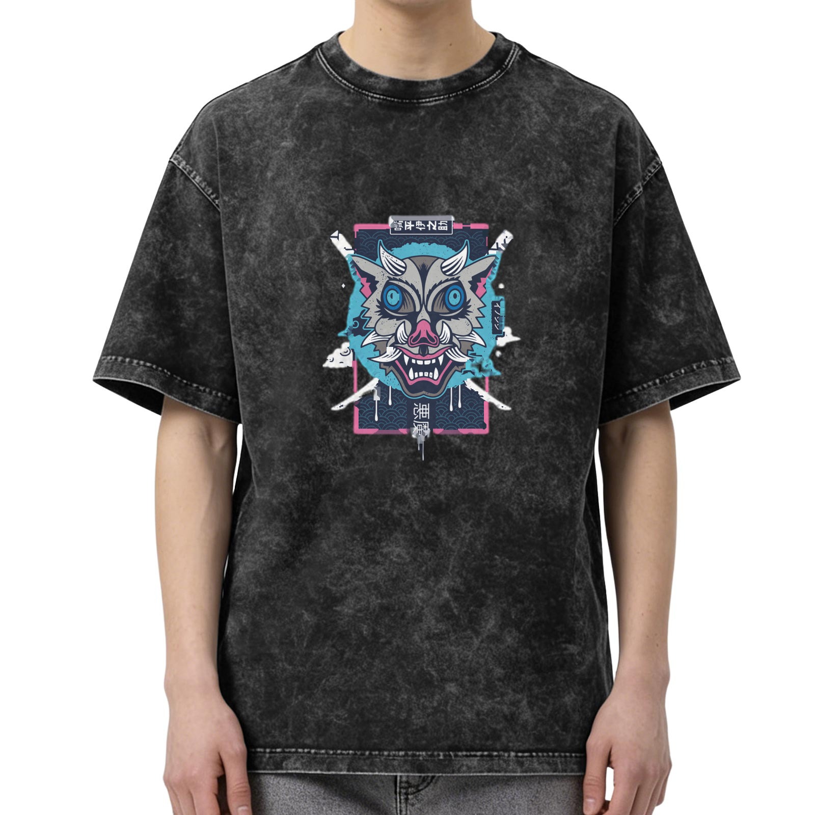 Washed Black Oversized T-Shirt With Japanese Demon Mask Graphic