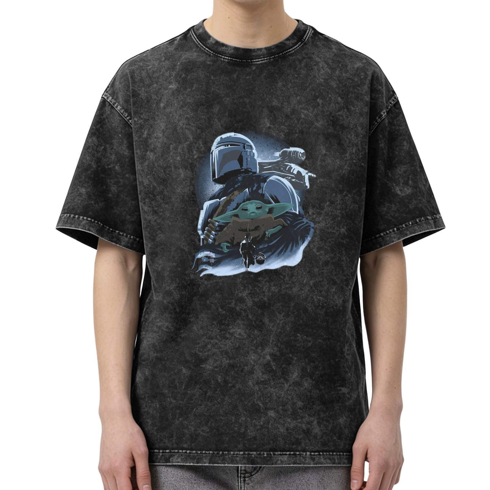 Washed Black T-Shirt Featuring Mandalorian and Child Grogu Art