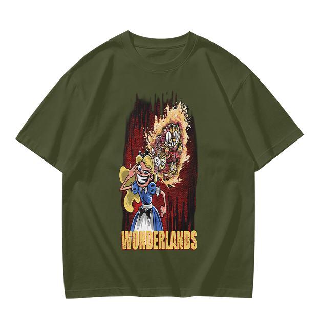 Olive Graphic Tee With Dark Wonderland Themed Cartoon Print