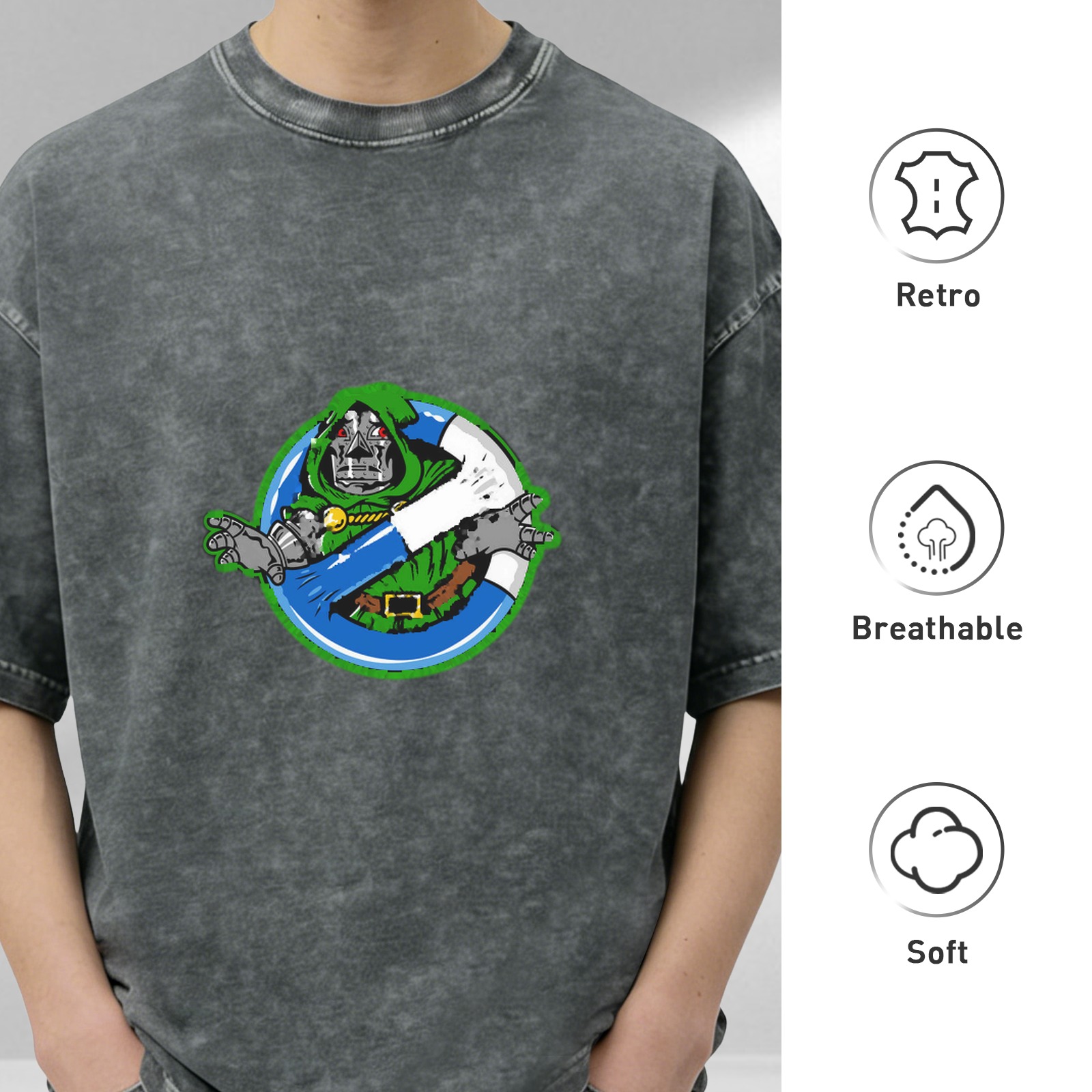 Oversized dark washed graphic tee with Doctor Doom ghostbusters style print