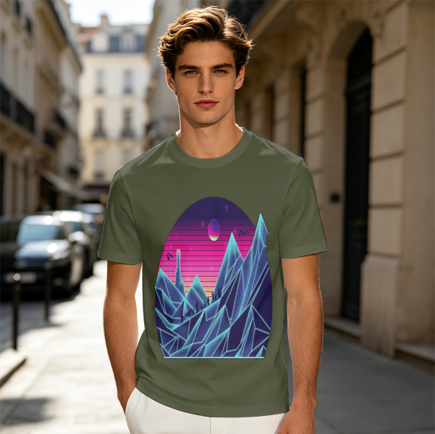 Olive T-Shirt With Synthwave Crystal Mountain Sunset Art