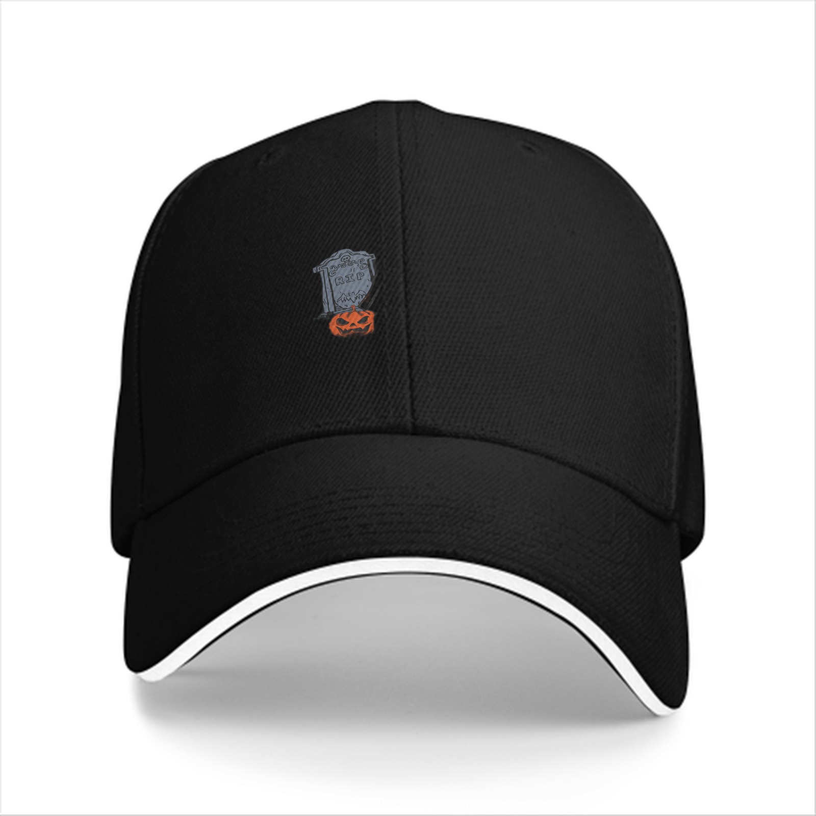Black Baseball Cap with Halloween Tombstone and Jack-o'-lantern Graphic