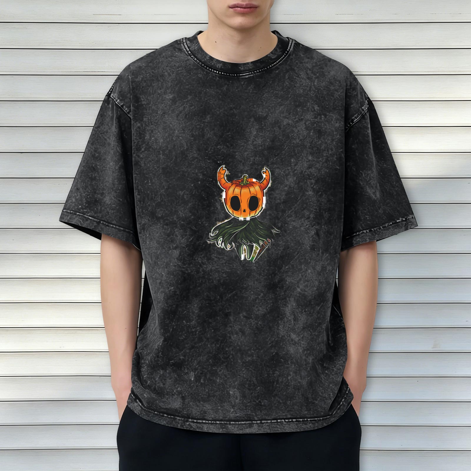 Oversized dark washed graphic t-shirt with pumpkin horned creature print