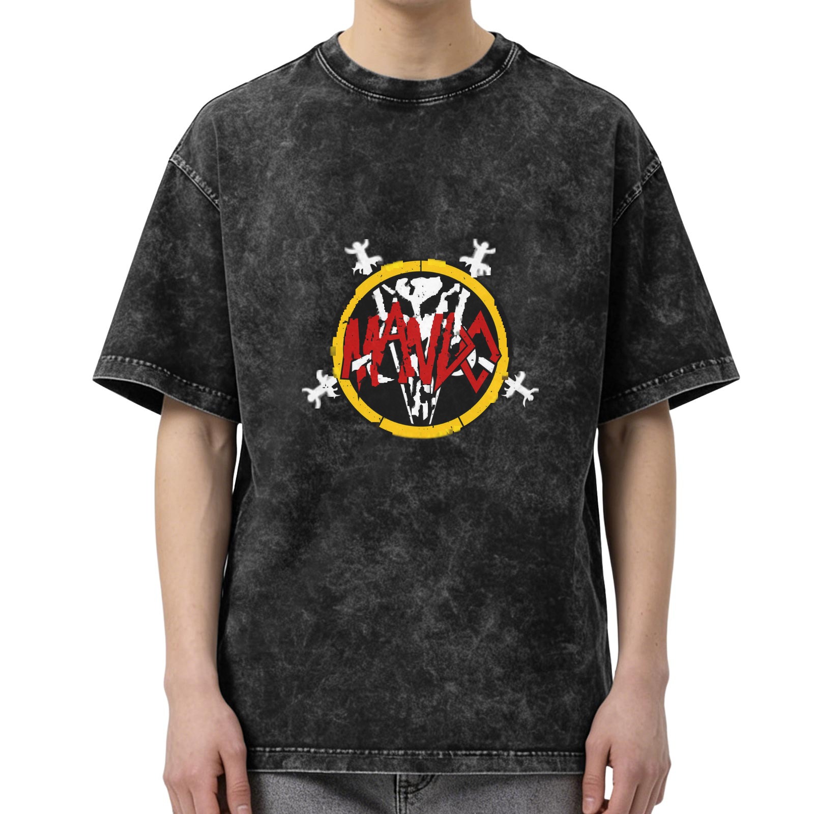 Washed Black Graphic T-Shirt With Skull And Red Text Design