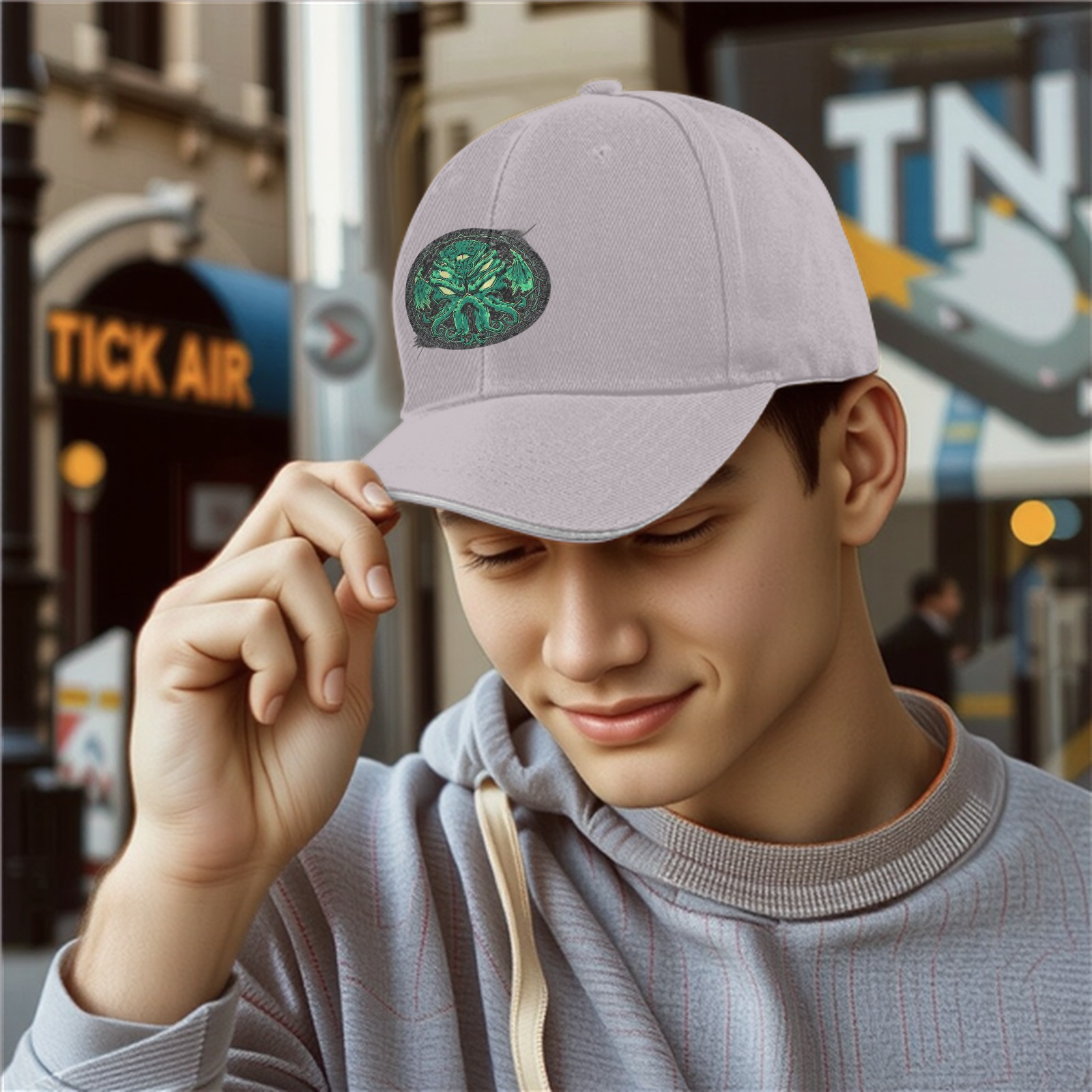 Black Baseball Cap with Green Cthulhu Monster Emblem
