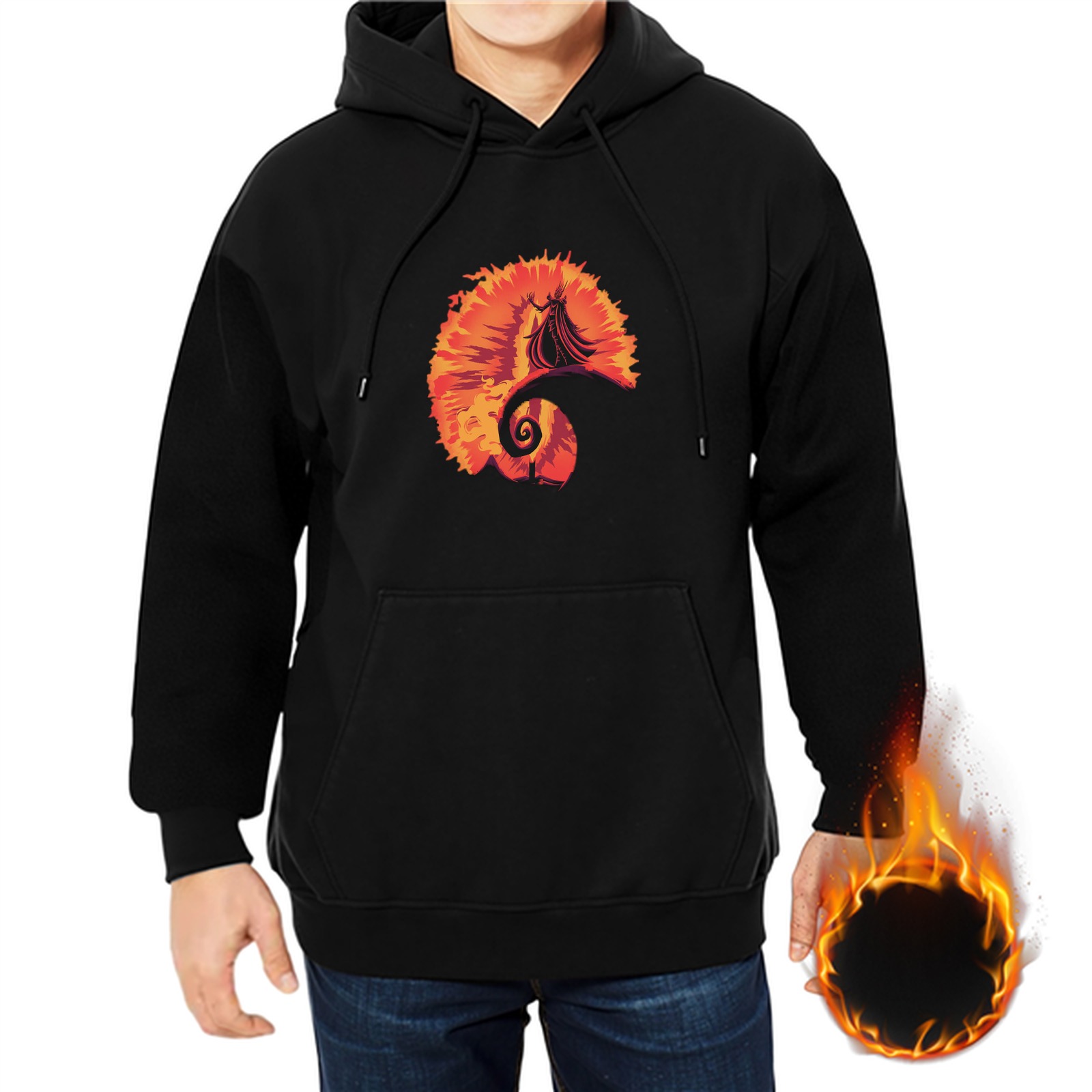 Black hoodie with fiery spiral and wizard silhouette graphic