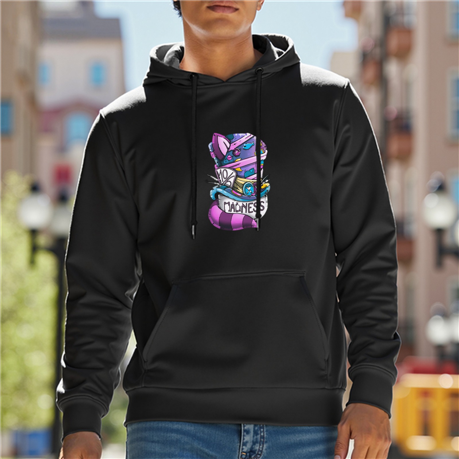 Black Hoodie With Cheshire Cat Mad Hatter Madness Graphic