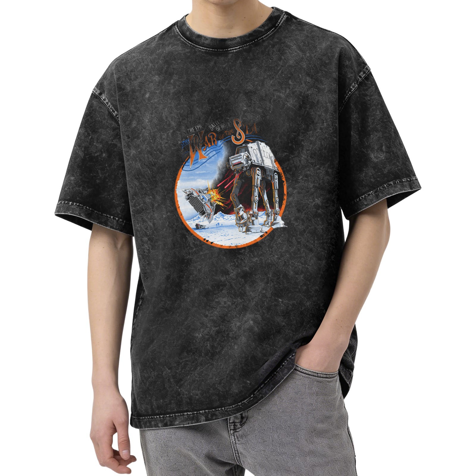 Star Wars Battle of Hoth AT-AT Snow Speeder Graphic Acid Wash Oversized T-Shirt