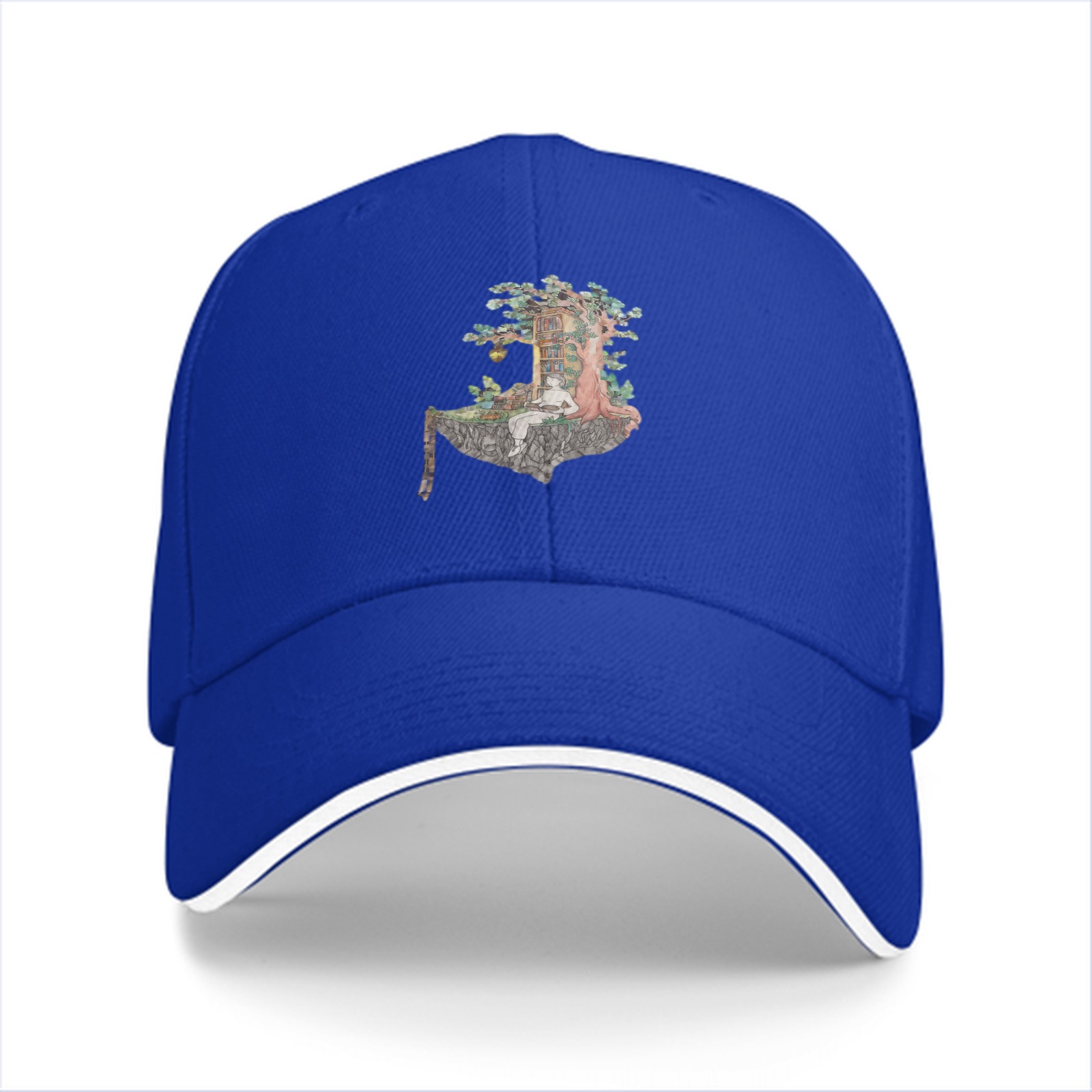 Black Baseball Cap With Whimsical Floating Island Treehouse Art