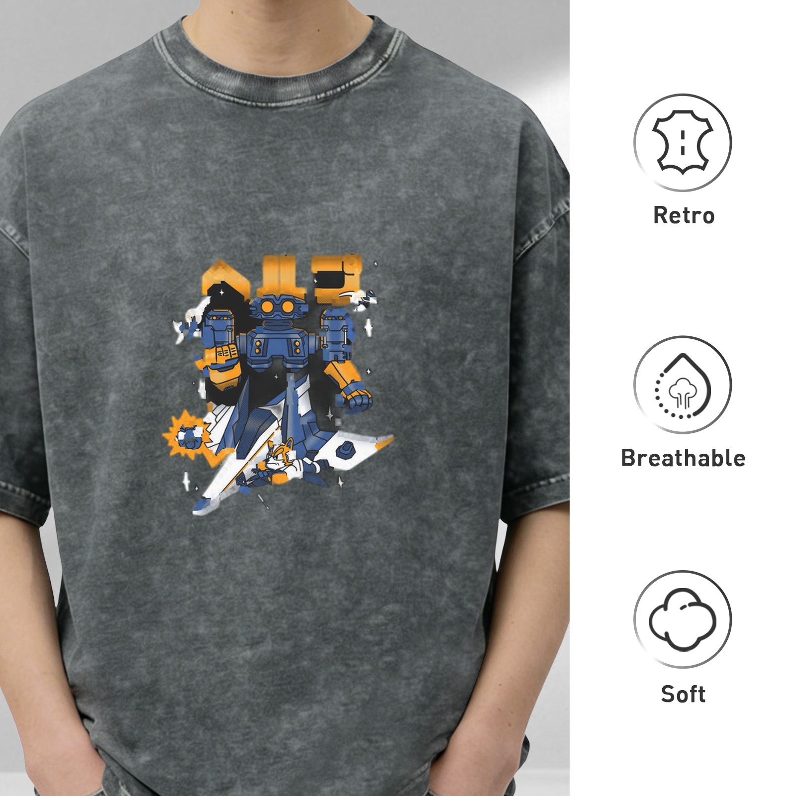 Oversized Black Stone Wash T-Shirt with Robot Graphic Print