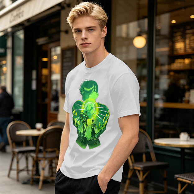 Anime Character Silhouette Glowing Green Graphic T-Shirt