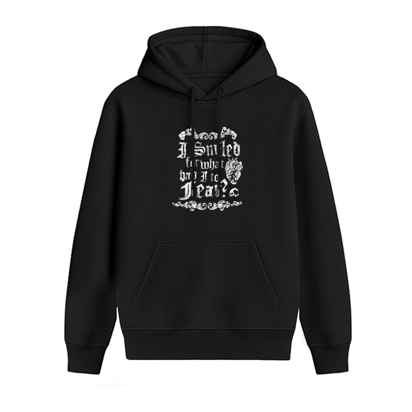 Black hoodie with gothic text and heart graphic print